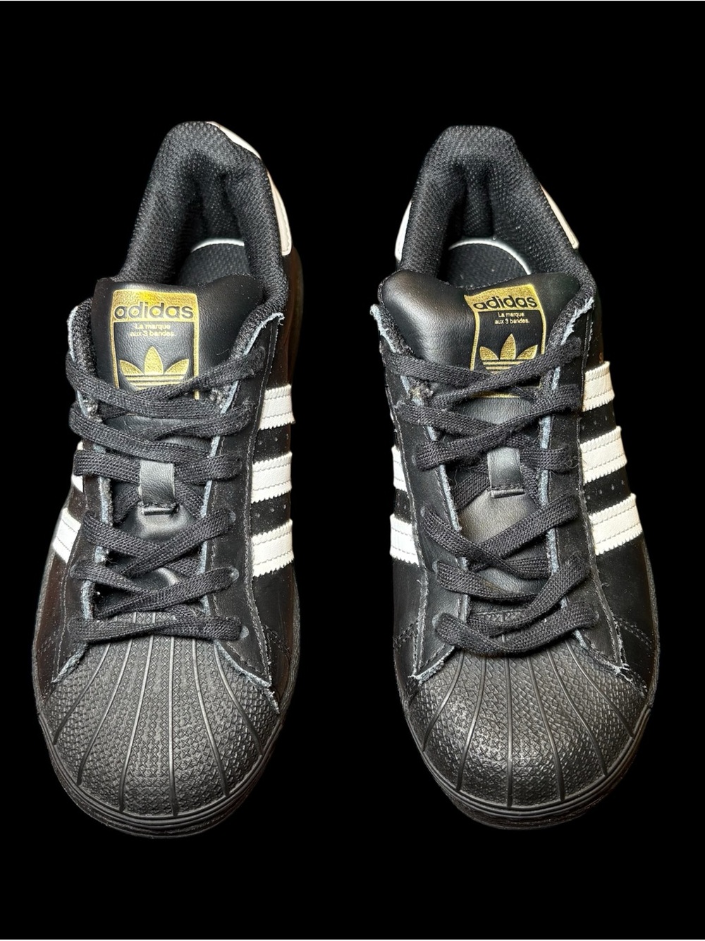 adidas Kids Black and White Superstar Sneakers with Gold Logo